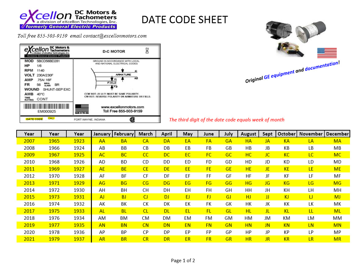 Date Code Sheet  Excellon Motors